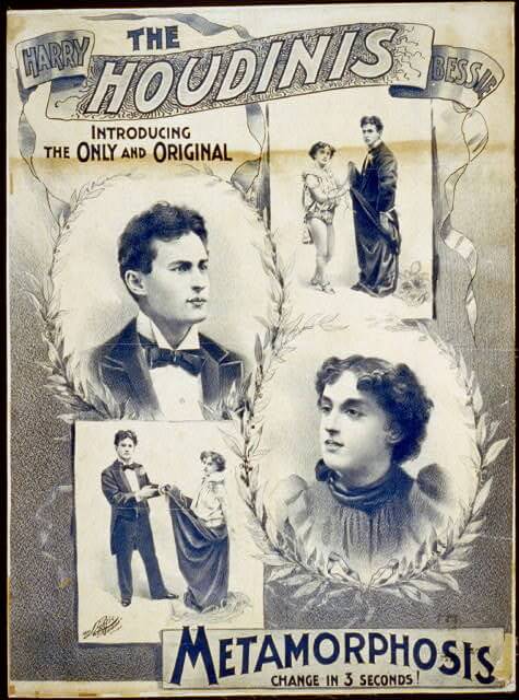 An ad for the stage act of Harry Houdini and his wife Wilhelmina Beatrice Bess’ Houdini, whom he married in 1894. The two of them toured vaudeville circuits performing escape acts and stage illusions before Houdini began billing himself as a solo headliner